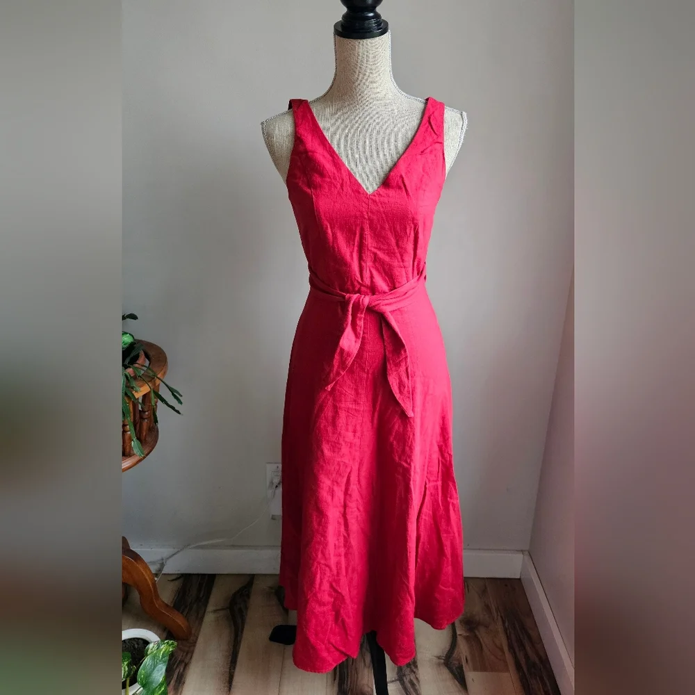 Mango Red V-Neck Midi Dress with Waist Tie - Picture 2 of 7